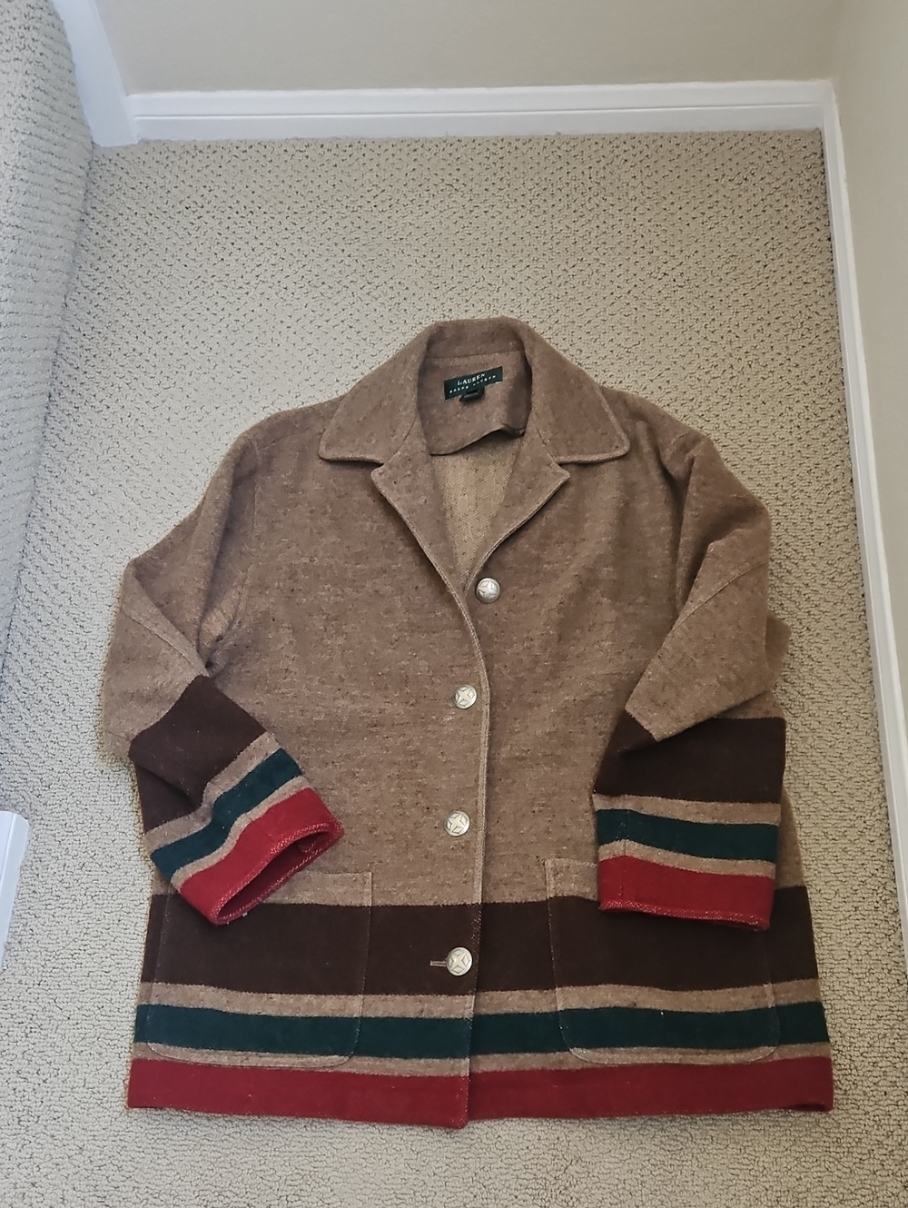 Vintage Ralph Lauren Brown Wool Blend Striped Trim Jacket - Red & Teal Accents - Picture 5 of 7